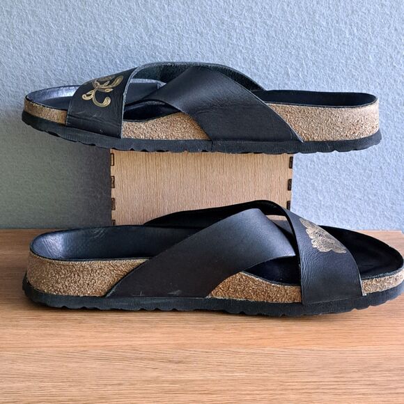 Birkenstock Papillio Daytona Womens 42 11 Narrow Black Gold Cross Strap Sandal - Picture 6 of 11